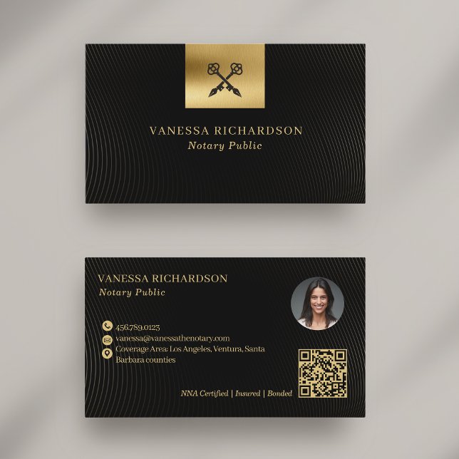 Elegant Black & Guld Kor Pen Notary QR Visitkort (Skapare uppladdad)