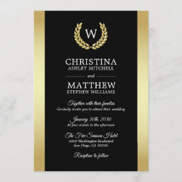 Elegant Black Guld Laurel Wand Monogram Bröllop Inbjudningar