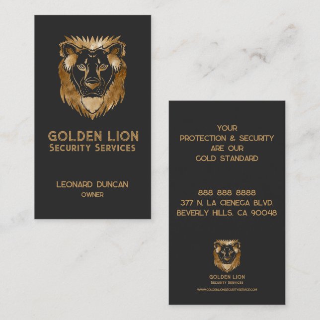 Elegant Black Guld Lejon Security Services Busines Visitkort (Fram/baksida)