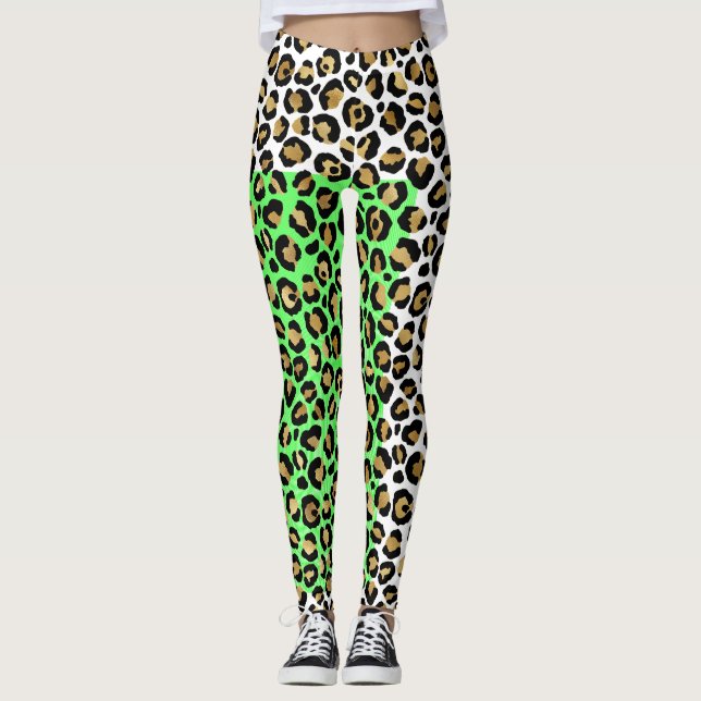 Elegant Black Guld Leopard Animal Print Leggings (Framsida)