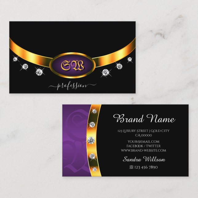 Elegant Black Guld Lila med Monogram Diamonds Visitkort (Fram/baksida)