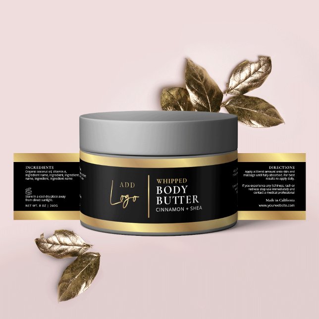 Elegant Black Guld Logotyp Cosmetic Burk Wrapper-e Vattenflaska Etikett (Black & gold cosmetic jar wrap around label with space for your logo)