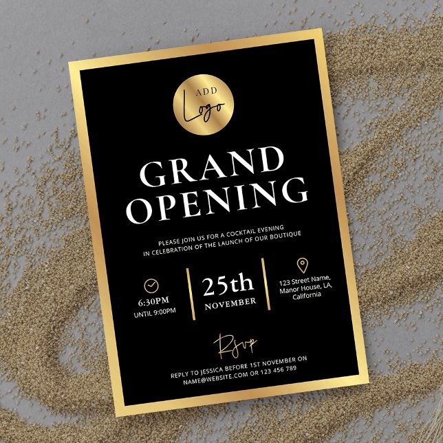 Elegant Black Guld Logotyp New Business Open Event Inbjudningar (Black & gold business grand opening invitations with space for your logo and custom event details)