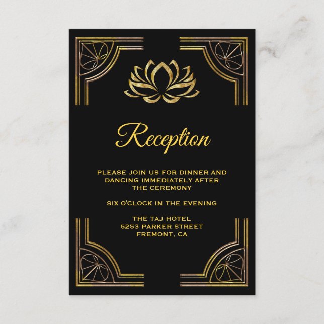 Elegant Black Guld Lotus Flower Wedding Reception Tilläggskort (Framsida)