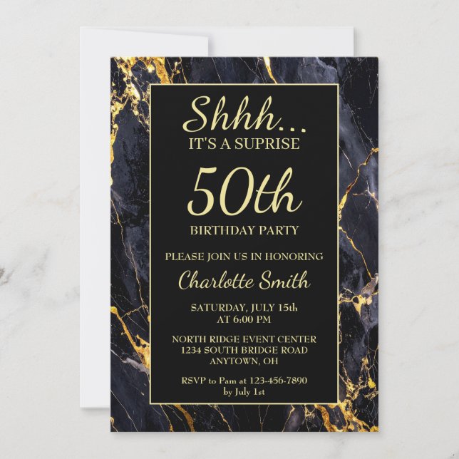Elegant Black & Guld Marble 50:e Födelsedagsfesten Inbjudningar (Framsida)