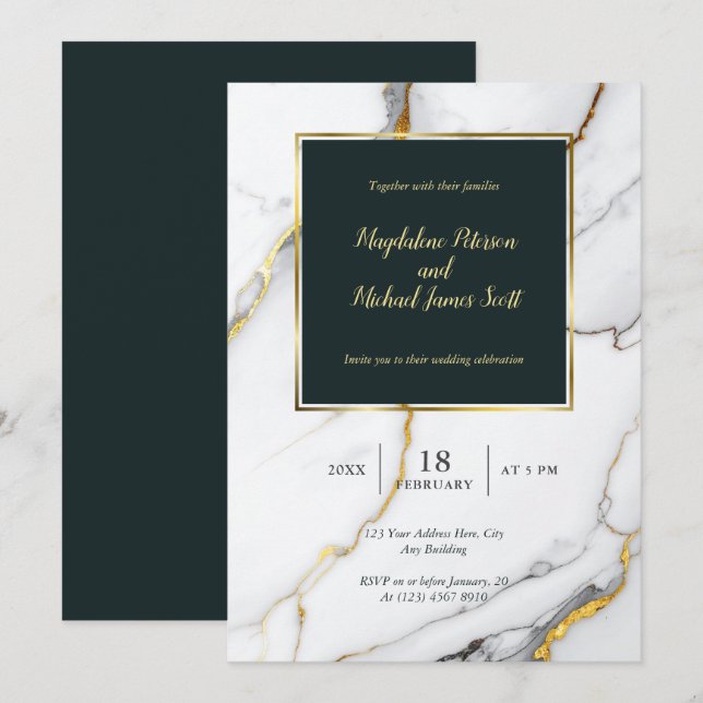 Elegant Black & Guld Marble Classic-skript Bröllop Inbjudningar (Fram/baksida)