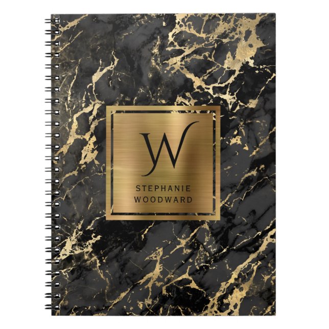 Elegant Black Guld Marble Monogram Anteckningsbok (Framsidan)