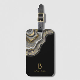 Elegant Black Guld Marble Monogram Bagagebricka