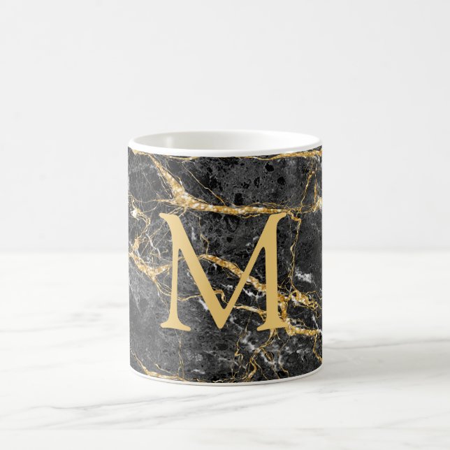 Elegant Black Guld Marble Monogram Kaffemugg (Center)