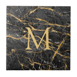Elegant Black Guld Marble Monogram  Kakelplatta
