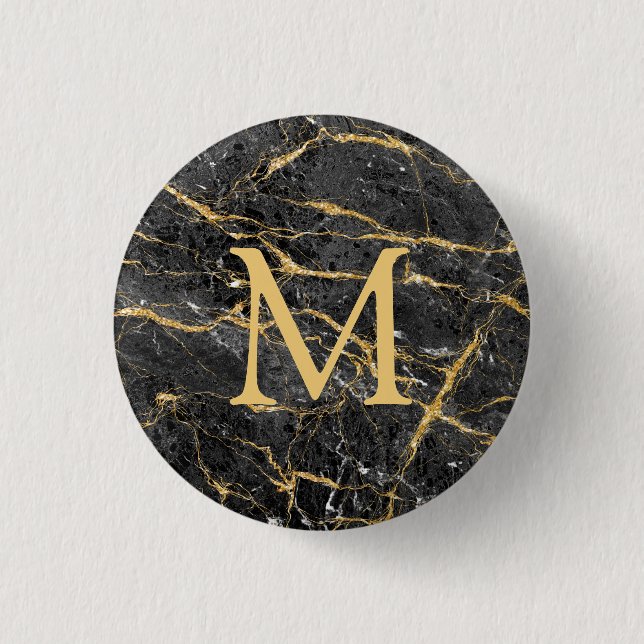 Elegant Black Guld Marble Monogram Knapp (Framsida)