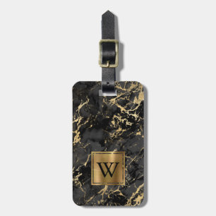 Elegant Black Guld Marble Monogram Lodrät Bagagebricka