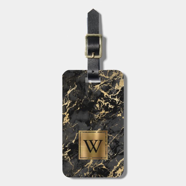 Elegant Black Guld Marble Monogram Lodrät Bagagebricka (Vertikal Framsida)
