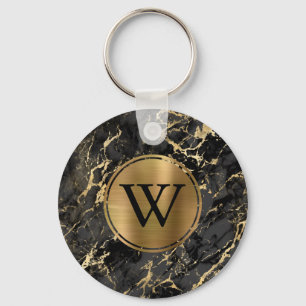 Elegant Black Guld Marble Monogram Nyckelring