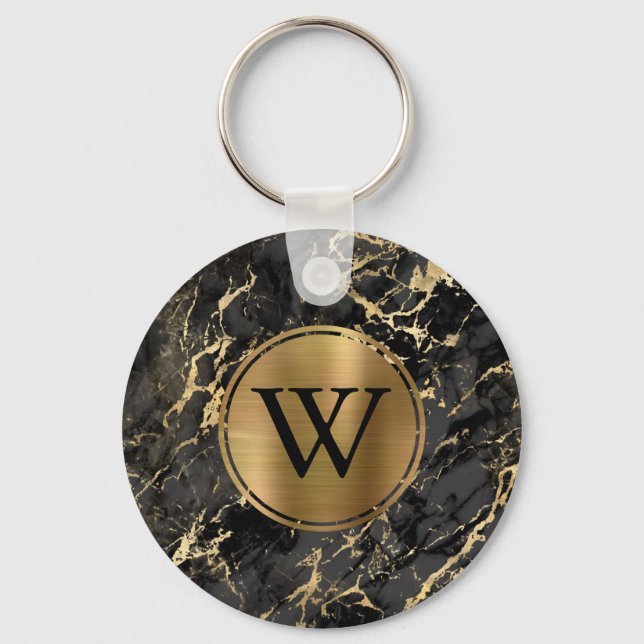 Elegant Black Guld Marble Monogram Nyckelring (Framsida)