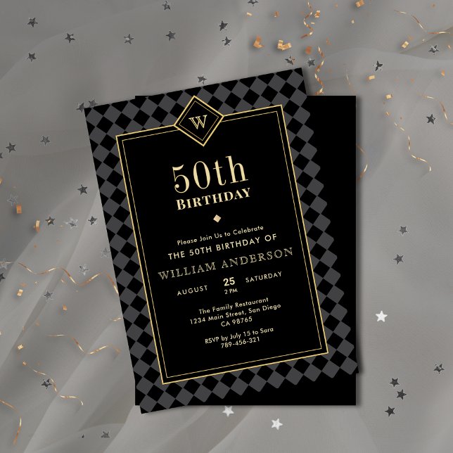 Elegant Black & Guld Masculine Milestone Birthday Inbjudningar (Elegant Black & Gold Masculine Milestone Birthday Invitation)