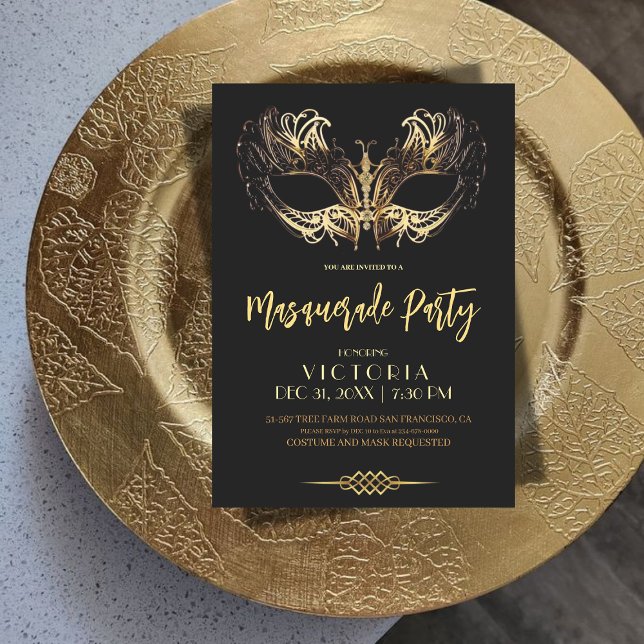 Elegant Black Guld Masqueraad Party födelsedag Inbjudningar (Skapare uppladdad)