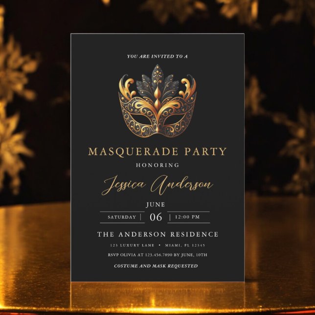 Elegant Black Guld Masqueraad Party födelsedag Inbjudningar (Skapare uppladdad)