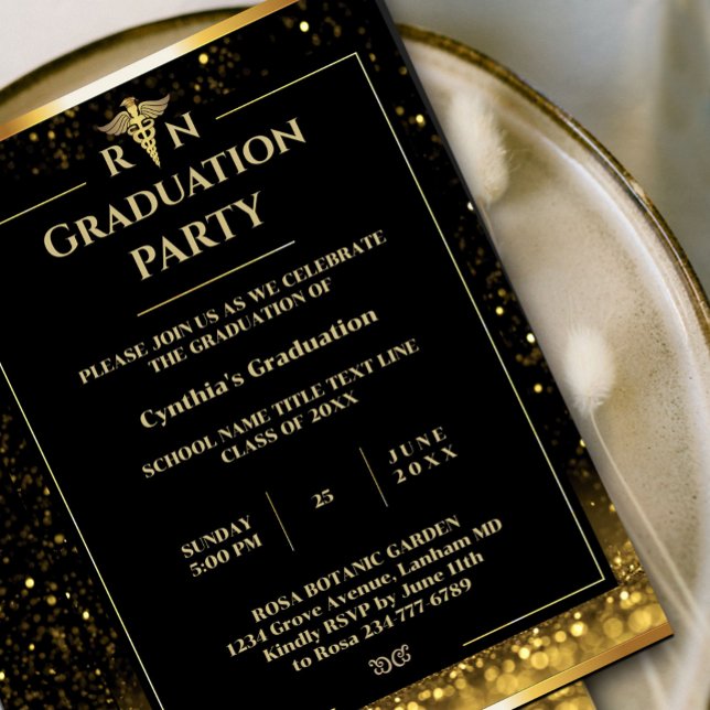 Elegant Black & Guld Medical Studentfest Inbjudningar (Elegant Black & Gold Medical Graduation Party Invitation #goldinvitation #graduationgold #luxuryinvi)