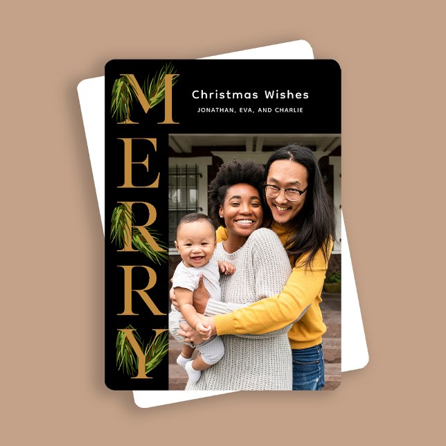 Elegant Black Guld Merry Gräs Photo-jul Julkort (Skapare uppladdad)