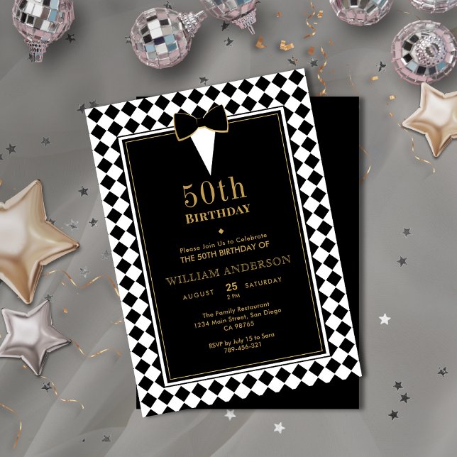 Elegant Black & Guld Milestone Age Tuxedo Birthday Inbjudningar (Elegant Black & Gold Milestone Age Tuxedo Birthday Invitation)
