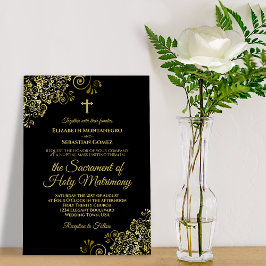 Elegant Black & Guld Modern katolska Bröllop Inbjudningar