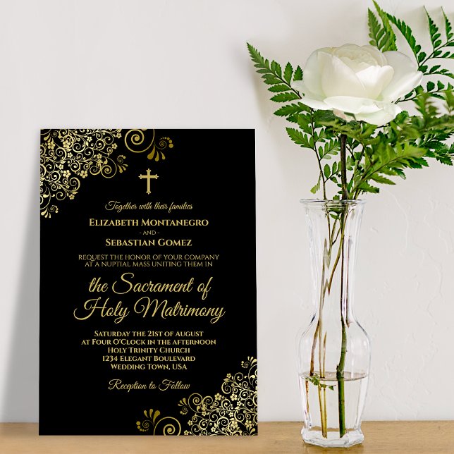 Elegant Black & Guld Modern katolska Bröllop Inbjudningar (Skapare uppladdad)