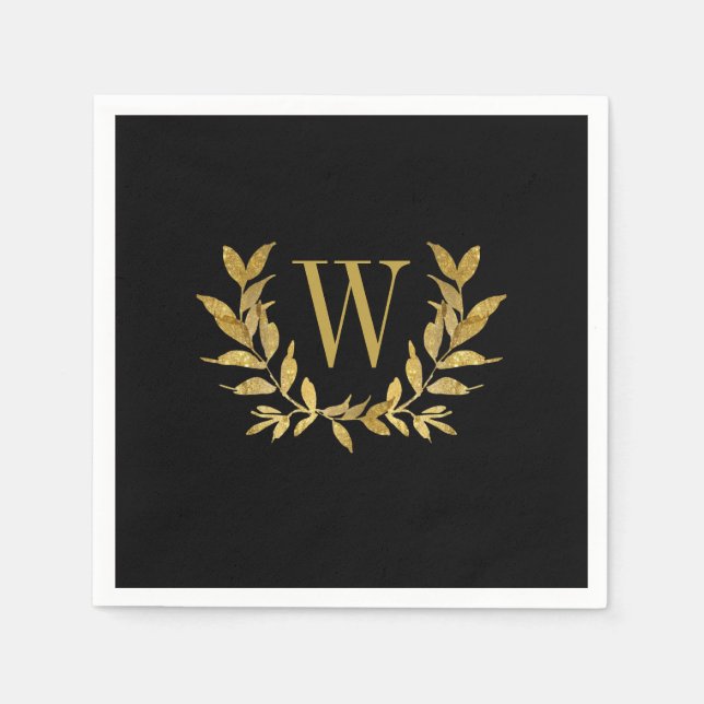 Elegant Black Guld Modern Monogram Bröllop Pappersservett (Framsidan)