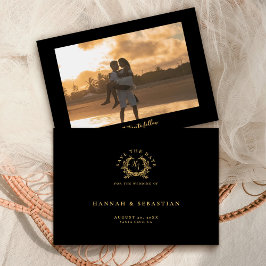 Elegant Black Guld Monogram botaniska Vapenskölden Spara Datumet