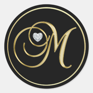 Elegant Black Guld Monogram Brev M Heart Diamond Runt Klistermärke