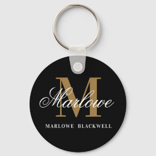 Elegant Black Guld Monogram Calligraphy Nyckelring