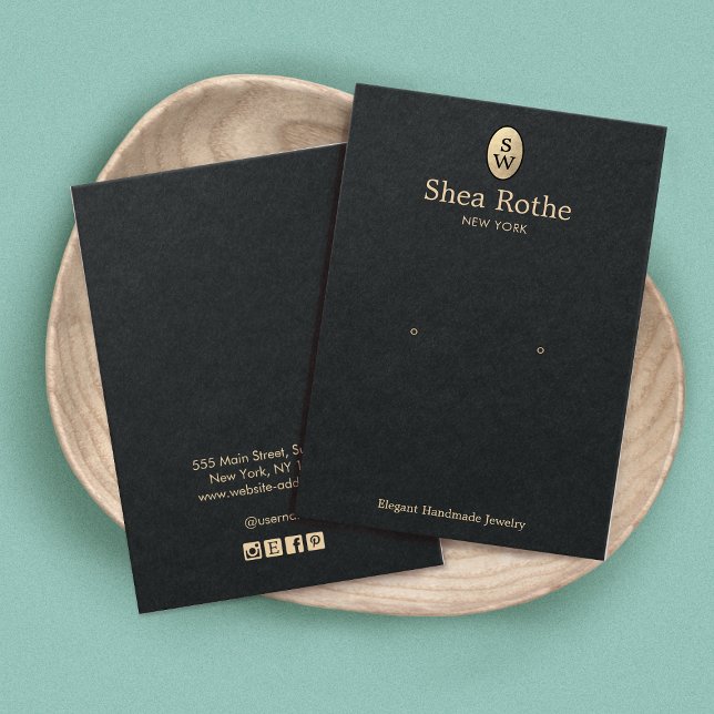 Elegant Black Guld Monogram Earring Visning Card Visitkort (Skapare uppladdad)