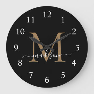 Elegant Black Guld Monogram Feminine-skript Namn Stor Klocka