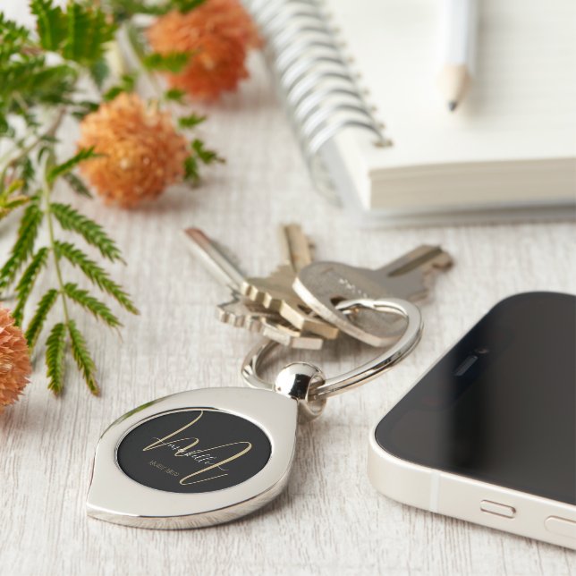 elegant Black guld monogram första affärsverksamhe Swirl Silverfärgad Nyckelring (Sidan)