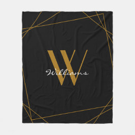 Elegant Black Guld Monogram Geometric Namn-skript Fleecefilt