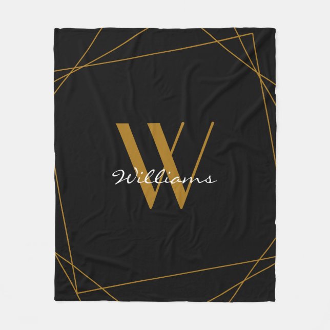 Elegant Black Guld Monogram Geometric Namn-skript Fleecefilt (Framsidan)