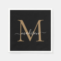 Elegant Black Guld Monogram Girly Script Birthday