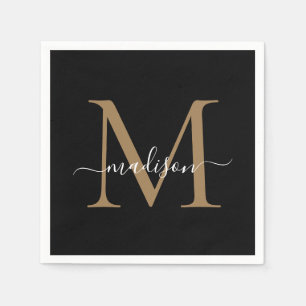 Elegant Black Guld Monogram Girly Script Birthday Pappersservett