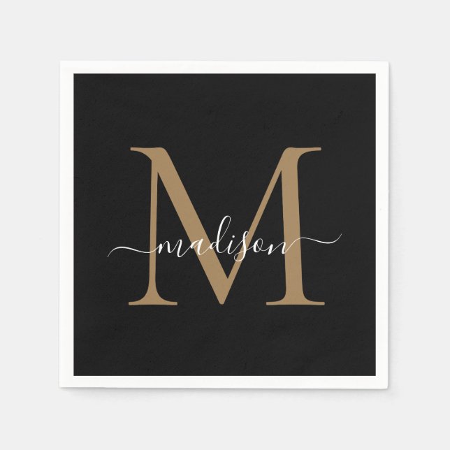 Elegant Black Guld Monogram Girly Script Birthday Pappersservett (Framsidan)
