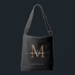 Elegant Black Guld Monogram Girly-skript Namn Axelväska<br><div class="desc">Modern Black Guld Monogram Elegant  Script Namn Crossbody Bag</div>