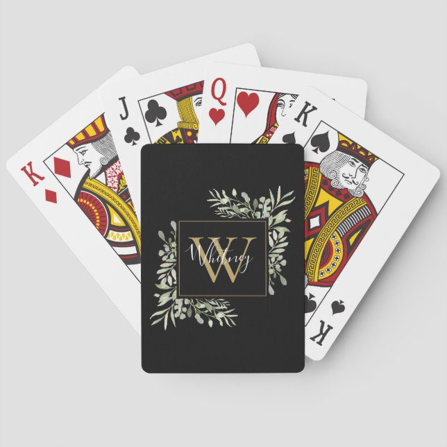 Elegant Black Guld Monogram Greenery Blommigt Casinokort (Baksidan)