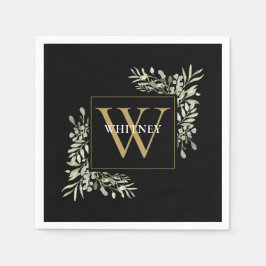 Elegant Black Guld Monogram Greenery Blommigt Pappersservett
