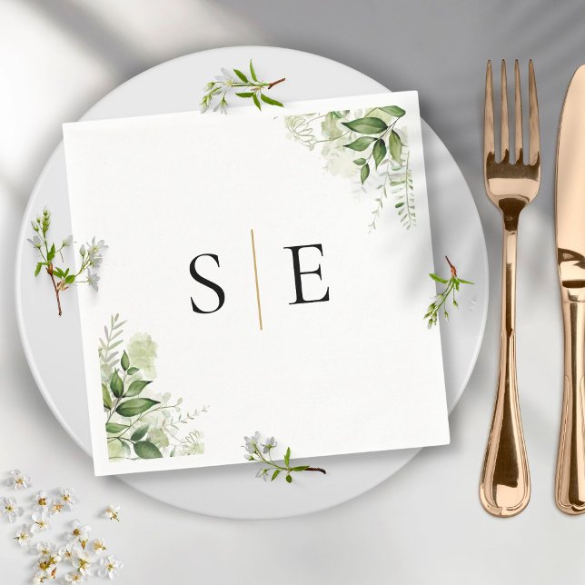 Elegant Black Guld Monogram Greenery Pappersservett (Skapare uppladdad)