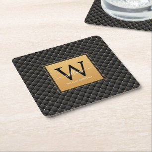 Elegant Black Guld Monogram Initial Script Modern Underlägg Papper Kvadrat