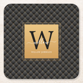 Elegant Black Guld Monogram Initial Script Modern Underlägg Papper Kvadrat