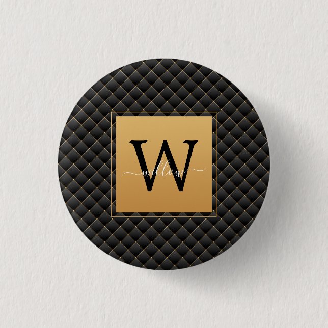 Elegant Black Guld Monogram Initial Script-Snyggt Knapp (Framsida)