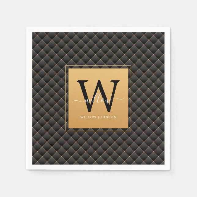 Elegant Black Guld Monogram Initial Script-Snyggt Pappersservett (Framsidan)