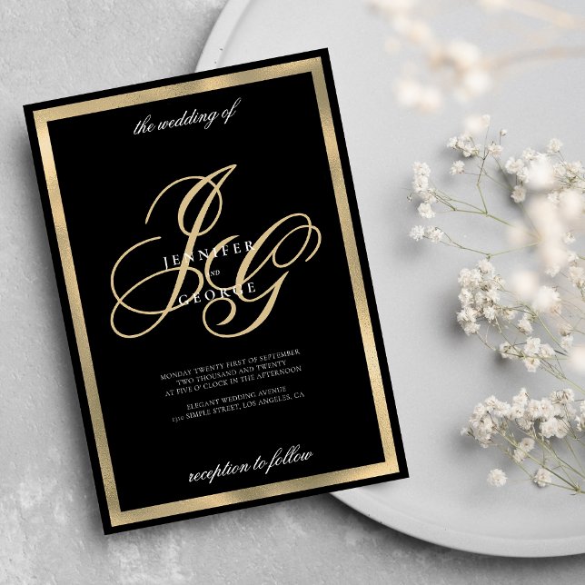 Elegant Black guld monogram initialer bröllop Inbjudningar (Elegant black gold monogram initials wedding)