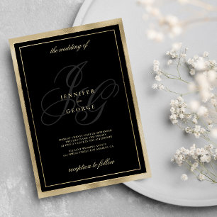 Elegant Black guld monogram initialer glam bröllop Inbjudningar