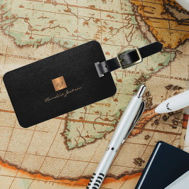 Elegant Black guld monogram namn-skript anpassning Bagagebricka